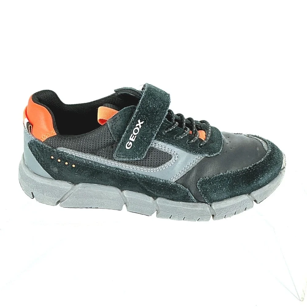 Geox Boys Size US 1 EUR 32 Respira Kids Sneakers Gray Orange Leather Suede Strap